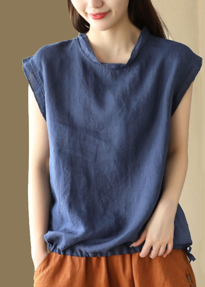 Navy Patchwork Linen T Shirt O Neck Drawstring Sleeveless