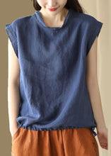 Load image into Gallery viewer, Navy Patchwork Linen T Shirt O Neck Drawstring Sleeveless