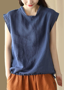 Navy Patchwork Linen T Shirt O Neck Drawstring Sleeveless