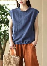 Load image into Gallery viewer, Navy Patchwork Linen T Shirt O Neck Drawstring Sleeveless