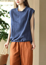 Load image into Gallery viewer, Navy Patchwork Linen T Shirt O Neck Drawstring Sleeveless