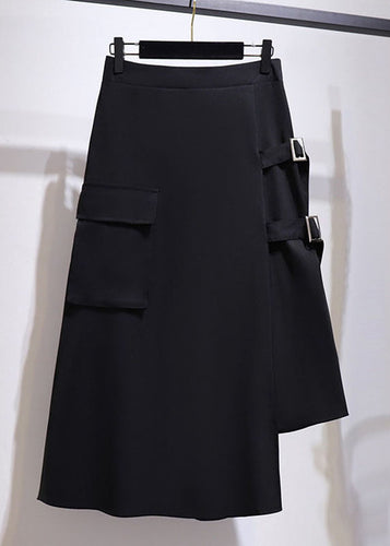 New Black Asymmetrical Pockets Patchwork Cotton Skirts Fall