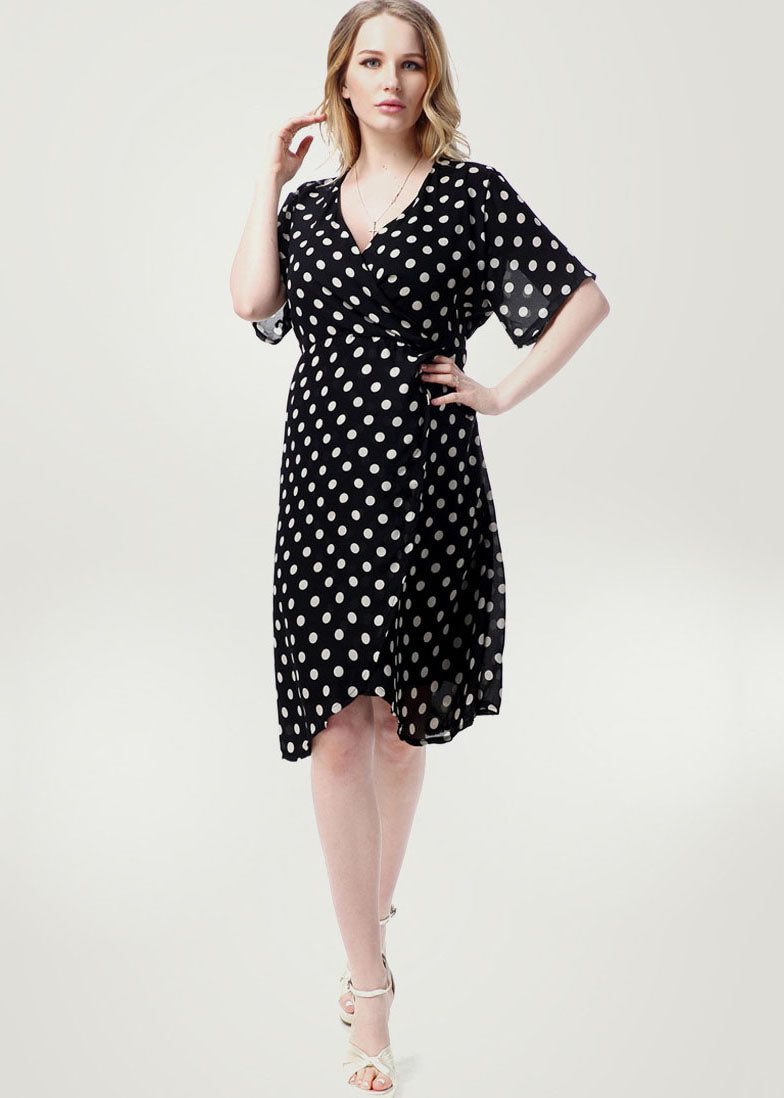 New Black Dot Print Tie Waist Patchwork Chiffon Mid Dress Summer