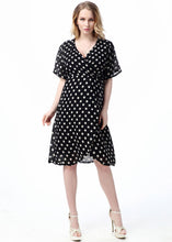 Load image into Gallery viewer, New Black Dot Print Tie Waist Patchwork Chiffon Mid Dress Summer