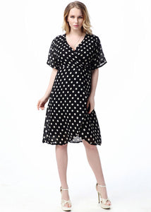 New Black Dot Print Tie Waist Patchwork Chiffon Mid Dress Summer