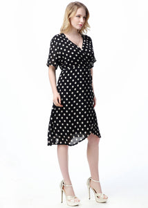 New Black Dot Print Tie Waist Patchwork Chiffon Mid Dress Summer