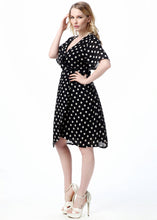 Load image into Gallery viewer, New Black Dot Print Tie Waist Patchwork Chiffon Mid Dress Summer