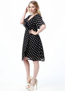 New Black Dot Print Tie Waist Patchwork Chiffon Mid Dress Summer