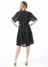 Load image into Gallery viewer, New Black Dot Print Tie Waist Patchwork Chiffon Mid Dress Summer