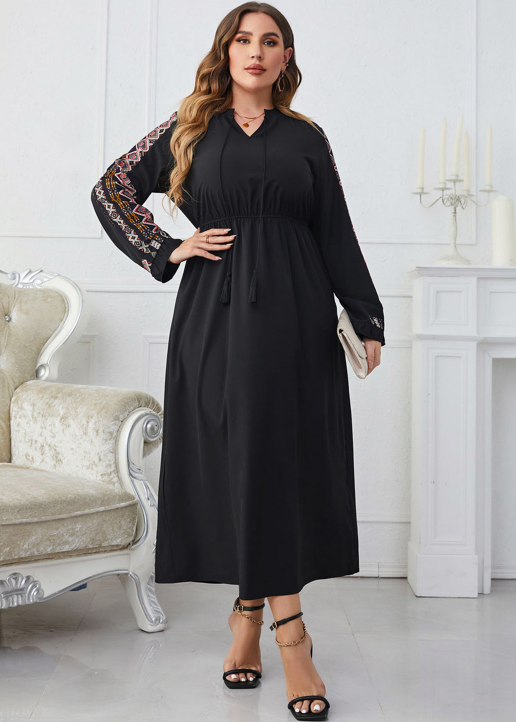 New Black Embroideried Lace Up Wrinkled Patchwork Cotton Long Dresses Fall