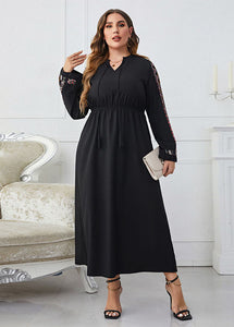 New Black Embroideried Lace Up Wrinkled Patchwork Cotton Long Dresses Fall