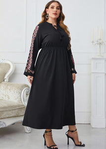 New Black Embroideried Lace Up Wrinkled Patchwork Cotton Long Dresses Fall