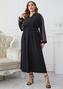 New Black Embroideried Lace Up Wrinkled Patchwork Cotton Long Dresses Fall