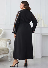 Load image into Gallery viewer, New Black Embroideried Lace Up Wrinkled Patchwork Cotton Long Dresses Fall