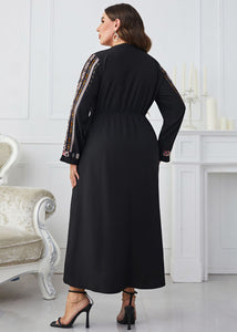 New Black Embroideried Lace Up Wrinkled Patchwork Cotton Long Dresses Fall