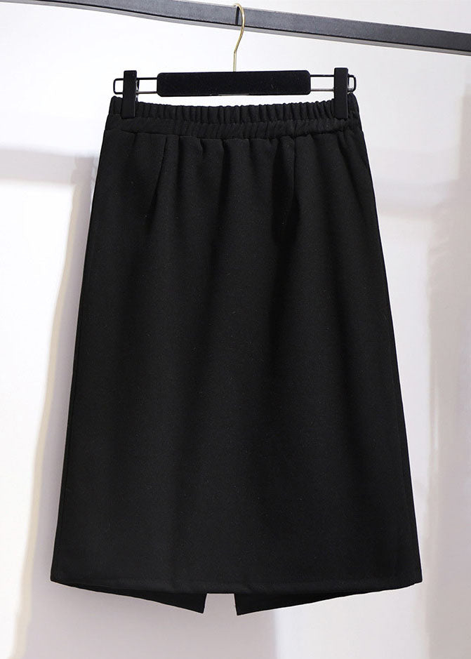 New Black High Waist Side Open Patchwork Woolen A Iine Skirts Fall