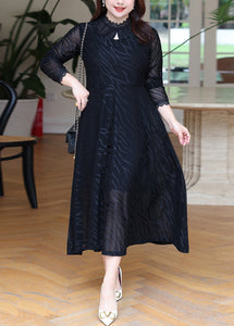 New Black Hollow Out Lace Patchwork Long Dress Long Sleeve