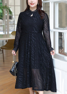 New Black Hollow Out Lace Patchwork Long Dress Long Sleeve