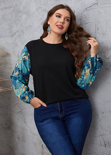 New Black O Neck Print Patchwork False Two Pieces Chiffon Tops Long Sleeve