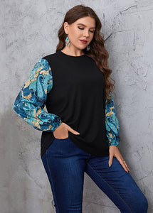 New Black O Neck Print Patchwork False Two Pieces Chiffon Tops Long Sleeve