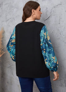 New Black O Neck Print Patchwork False Two Pieces Chiffon Tops Long Sleeve