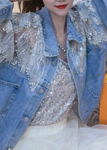 New Blue Embroideried Zircon Patchwork Denim Coats Summer