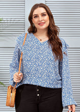 Load image into Gallery viewer, New Blue V Neck Ruffled Print Patchwork Chiffon Tops Long sleeve