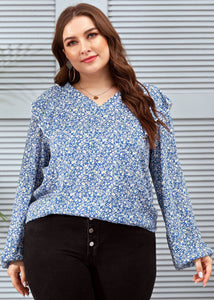 New Blue V Neck Ruffled Print Patchwork Chiffon Tops Long sleeve