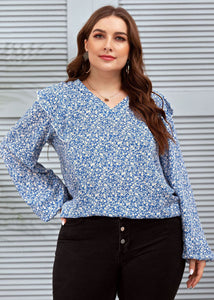 New Blue V Neck Ruffled Print Patchwork Chiffon Tops Long sleeve