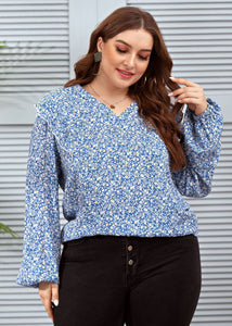 New Blue V Neck Ruffled Print Patchwork Chiffon Tops Long sleeve