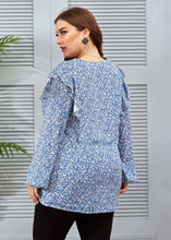 Load image into Gallery viewer, New Blue V Neck Ruffled Print Patchwork Chiffon Tops Long sleeve