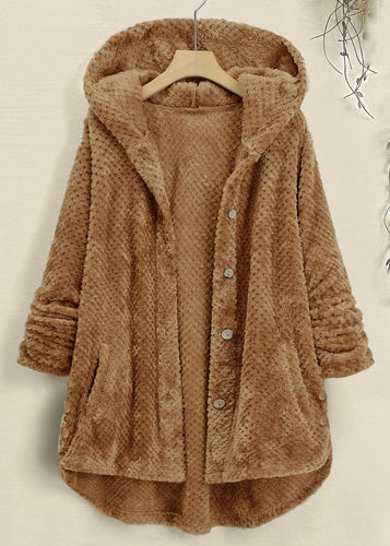 New Brown Hooded Low High Design Patchwork Teddy Faux Fur Coats Fall