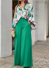 Load image into Gallery viewer, New Green Print Shirts And Wide Leg Pants Cotton Two Pieces Set Fall