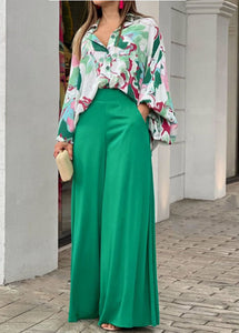 New Green Print Shirts And Wide Leg Pants Cotton Two Pieces Set Fall