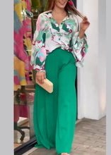 Load image into Gallery viewer, New Green Print Shirts And Wide Leg Pants Cotton Two Pieces Set Fall