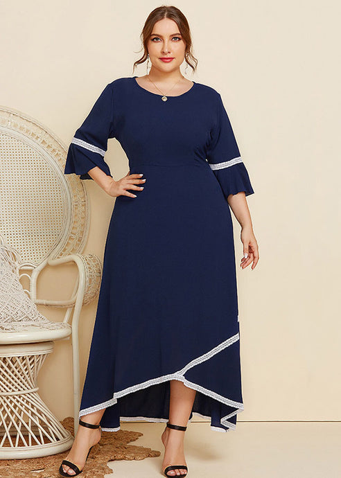 New Navy Lace Asymmetrical Patchwork Chiffon Long Dresses Flare Sleeve