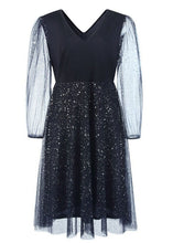 Load image into Gallery viewer, New Navy V Neck Sequins Wrinkled Patchwork Tulle Dresses Fall