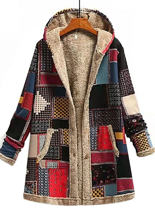 New Plaid Print Hooded Pockets Patchwork Warm Fleece Coats Fall