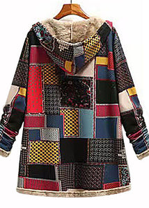 New Plaid Print Hooded Pockets Patchwork Warm Fleece Coats Fall