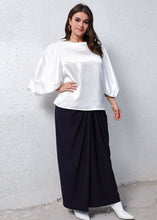 Load image into Gallery viewer, New White O-Neck Lantern Sleeve Patchwork Tops And Skirts Silk Two Pieces Set