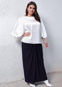 New White O-Neck Lantern Sleeve Patchwork Tops And Skirts Silk Two Pieces Set