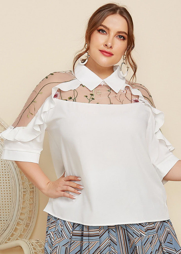 New White Peter Pan Collar Ruffled Embroideried Cotton T Shirt Summer