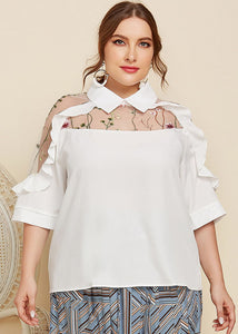 New White Peter Pan Collar Ruffled Embroideried Cotton T Shirt Summer