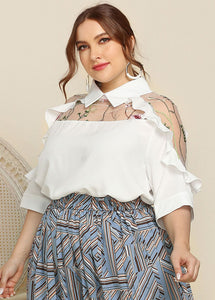 New White Peter Pan Collar Ruffled Embroideried Cotton T Shirt Summer