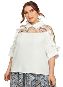 New White Peter Pan Collar Ruffled Embroideried Cotton T Shirt Summer