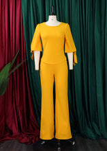 Load image into Gallery viewer, New Yellow O Neck Lace Up Cotton Tops And Wide Leg PantsTwo Pieces Set Fall