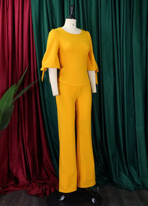 New Yellow O Neck Lace Up Cotton Tops And Wide Leg PantsTwo Pieces Set Fall