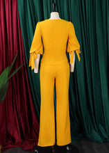 Load image into Gallery viewer, New Yellow O Neck Lace Up Cotton Tops And Wide Leg PantsTwo Pieces Set Fall