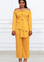 Load image into Gallery viewer, New Yellow Slash Neck Asymmetrical Design Cotton Coat And Pants Two Piece Set Fall