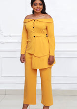 Load image into Gallery viewer, New Yellow Slash Neck Asymmetrical Design Cotton Coat And Pants Two Piece Set Fall